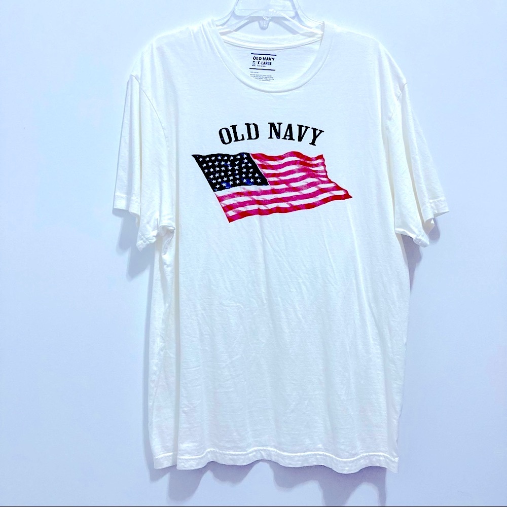 Old Navy Men’s Patriotic American Flag White Tee Shirt Stars and Stripes